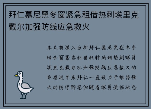 拜仁慕尼黑冬窗紧急租借热刺埃里克戴尔加强防线应急救火